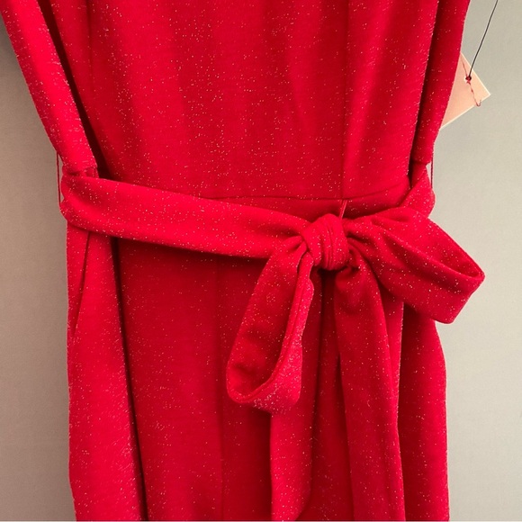 Calvin Klein Sz 10 Vibrant Red Slinky, Sparkly Jumpsuit, Zippered Back, Tie Belt - Picture 9 of 16